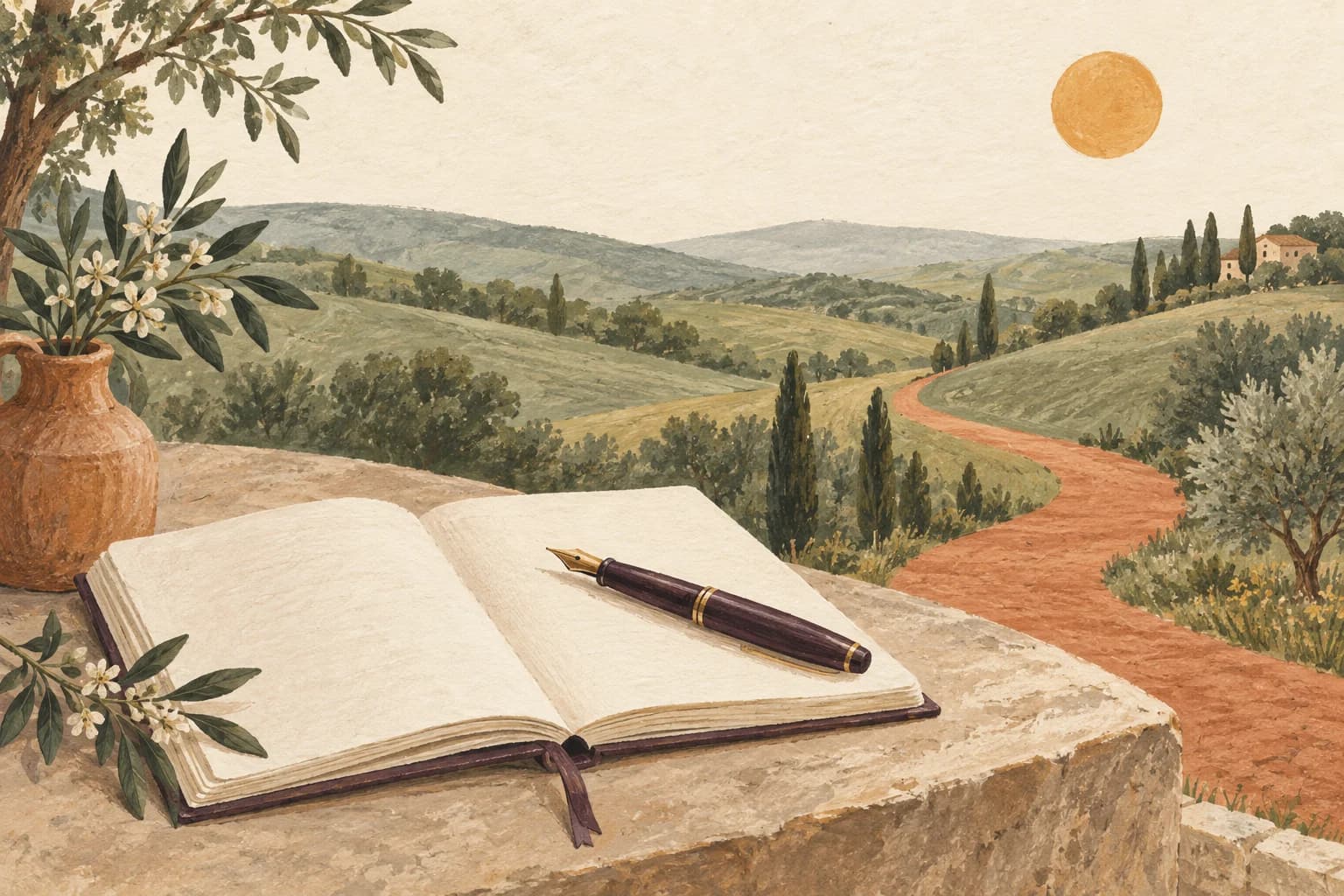 An illustrated open notebook overlooking a winding terracotta path through green hills
