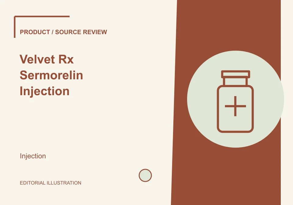 Editorial illustration of Velvet Rx Sermorelin Injection; not a product photograph.